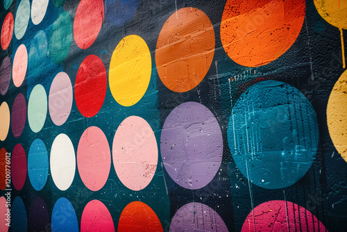 Vibrant colorful polka dot mural on urban brick wall