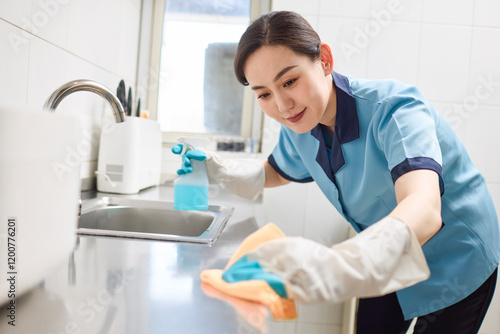 Cleaner tidying up the kitchen