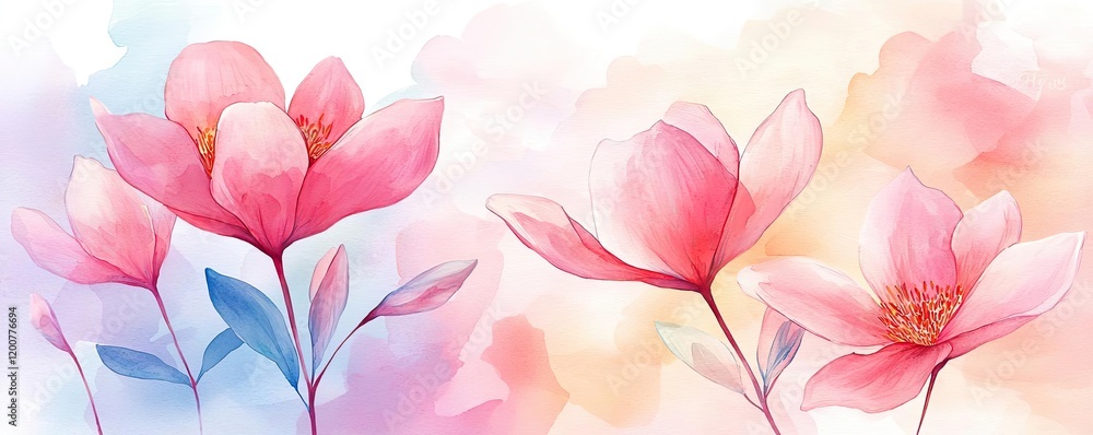 Fototapeta premium Blossoms watercolor concept. Beautiful watercolor painting of pink flowers with vibrant colors and soft background.
