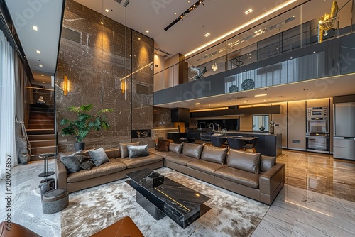 A contemporary duplex apartment with an open living area, loft-style design, and luxurious interior including a modern kitchen. photo