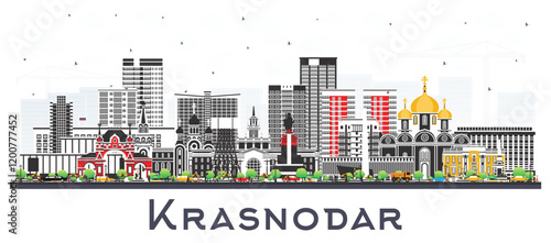 Krasnodar Russia city skyline with color buildings isolated on white. Krasnodar cityscape with landmarks. Business travel and tourism concept with modern and historic architecture.