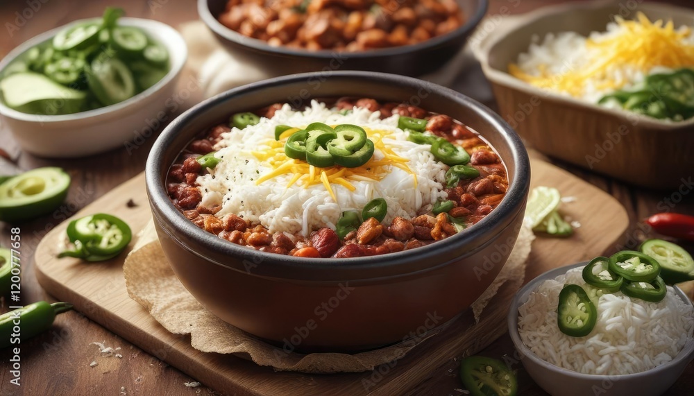 A steaming bowl of chili is elevated by the addition of fluffy rice, shredded cheese, and sliced jalapenos, combining flavors and textures for a satisfying dining experience, filling, cheesy rice A steaming bowl of chili is elevated by the addition of fluffy rice, shredded cheese, and sliced jalapenos, combining flavors and textures for a satisfying dining experience, filling, cheesy rice