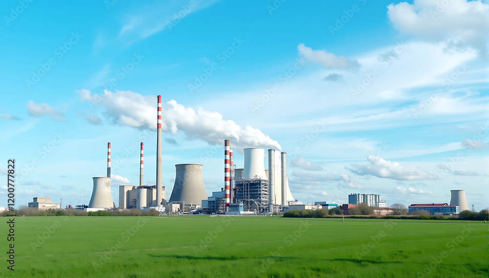 A coal-fired power plant in the countryside surrounded by lush greenery, symbolizing the intersection of industrial energy production and natural environments