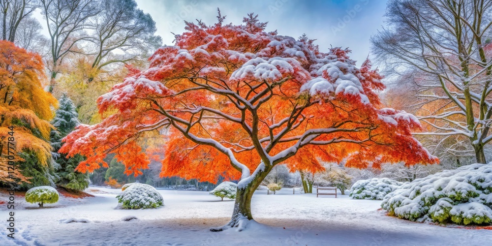 Fototapeta premium Winter Wonderland: Panoramic View of a Snow-Covered Maple in a Woodland Garden, Capturing the Essence of Seasonal Beauty and Tranquility in Nature