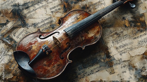 Antique violin rests on aged sheet music