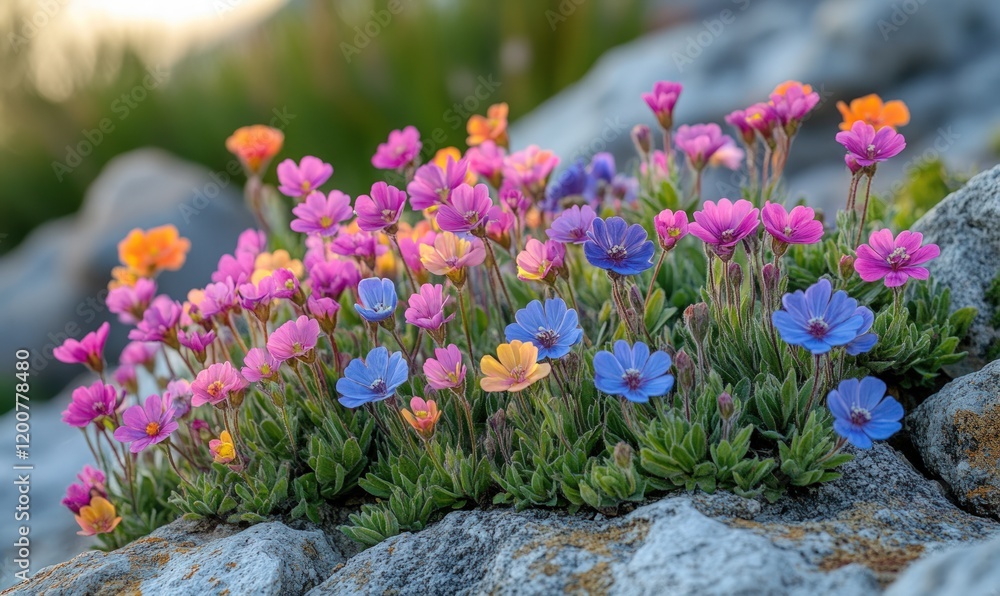 Obraz premium Colorful wildflowers blooming on rocky outcrop.