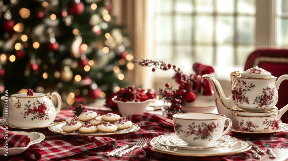 Fototapeta premium Festive Christmas tea party setting, indoors, near tree