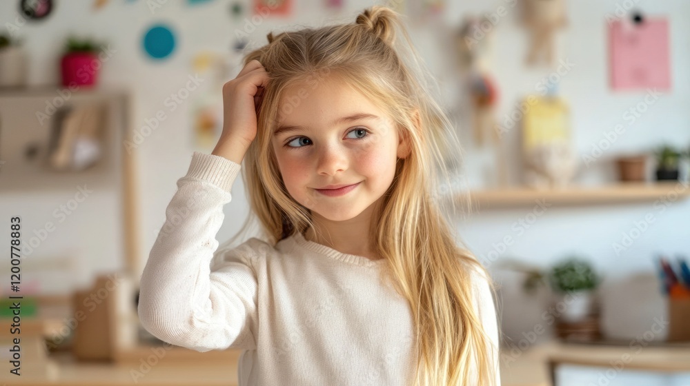 Adorable Little Girl Contemplating Thoughtfully in a Cozy Room Adorable Little Girl Contemplating Thoughtfully in a Cozy Room