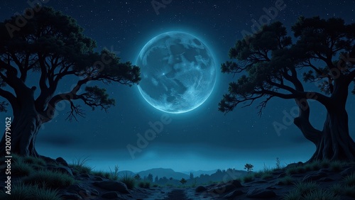 A luminous blue moon dominates the night, casting an ethereal glow over a star-studded, deep-blue sky. Two silhouetted trees frame this celestial spectacle, enhancing its mystique.  