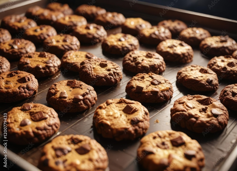 A tray of freshly baked chocolate cookies with a golden brown crust and chewy center , dark chocolate, baking, cookies A tray of freshly baked chocolate cookies with a golden brown crust and chewy center , dark chocolate, baking, cookies