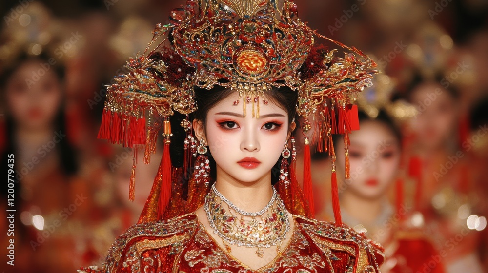 Elegant Chinese Bride in Red Wedding Attire and Headdress Elegant Chinese Bride in Red Wedding Attire and Headdress