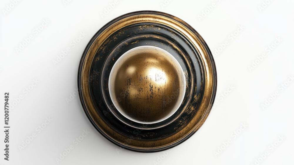Gold sphere in dark bronze circular frame. Gold sphere in dark bronze circular frame.