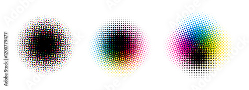 Halftone round background set. CMYK color dotted half tone shapes. Grunge ink press splash stains and blots. CMYK textured pixelated circle gradient collection. Print production glitch. Vector