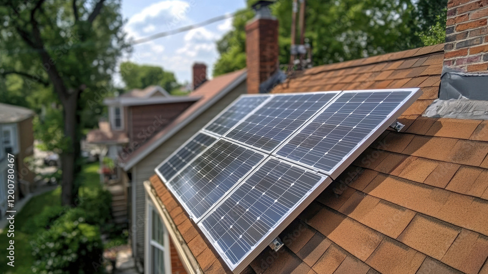 Fototapeta premium Solar panels installed on residential roof, showcasing renewable energy