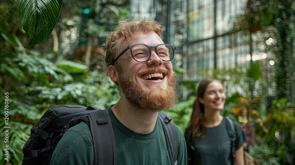 Fototapeta premium Joyful man laughing in lush greenhouse with woman nearby