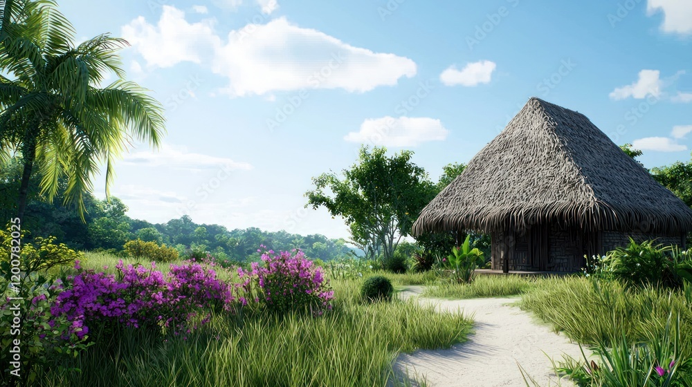 Serene landscape with a thatched hut amidst lush greenery and flowers. Serene landscape with a thatched hut amidst lush greenery and flowers.