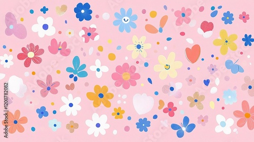 Whimsical Floral Pattern: A cheerful and whimsical pattern of brightly colored flowers and butterflies dances across a soft pink background, creating a playful and optimistic aesthetic.