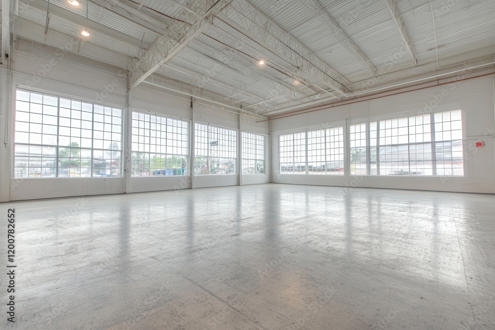 Empty warehouse space with large windows, showing industrial exterior, ideal for leasing Empty warehouse space with large windows, showing industrial exterior, ideal for leasing