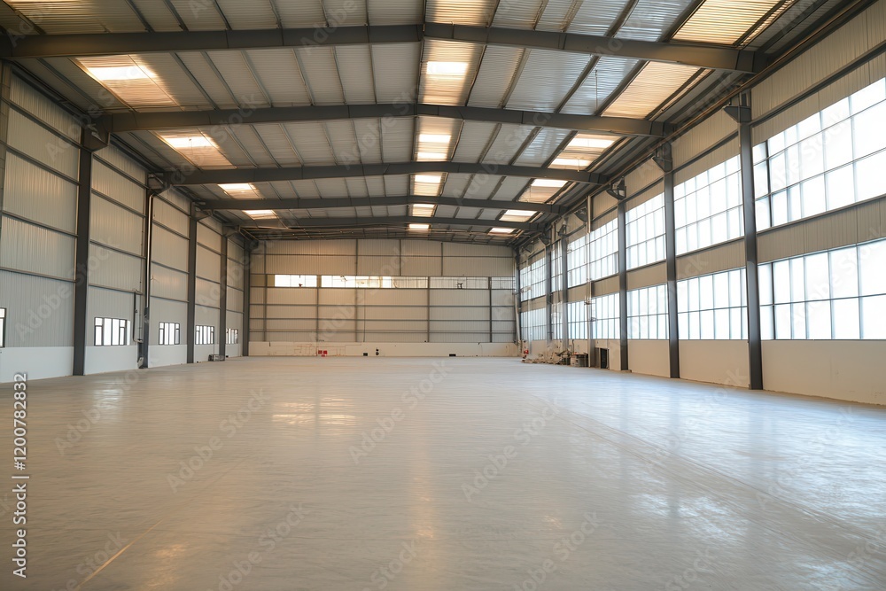 Empty warehouse interior, daytime, metal structure, sunlight Empty warehouse interior, daytime, metal structure, sunlight