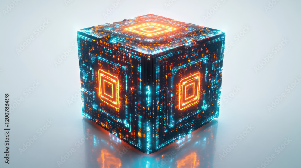Obraz premium A futuristic metallic cube, intricate glowing patterns resembling microchips, illuminated in cyan and orange neon