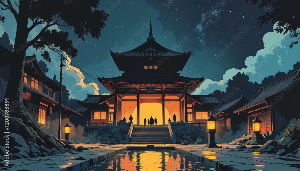 Obraz premium Serene night scene of illuminated temple under starry sky, tranquility