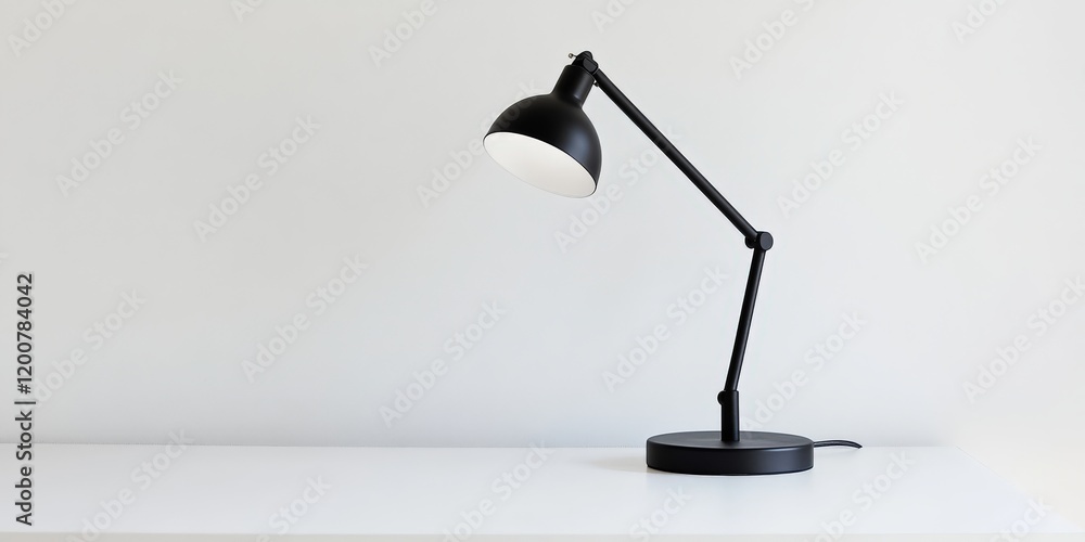 A minimalist desk lamp in matte black, displayed on a clean white surface A minimalist desk lamp in matte black, displayed on a clean white surface