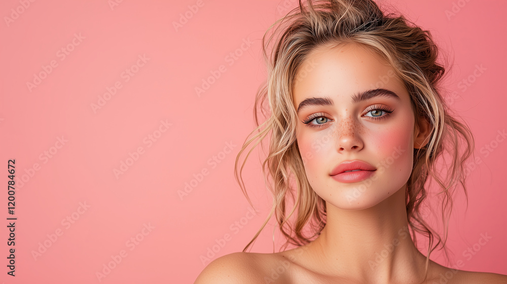 woman with elegant features poses against soft pink background, showcasing natural beauty and serene expression. Her hair is styled in loose waves, complementing her subtle makeup woman with elegant features poses against soft pink background, showcasing natural beauty and serene expression. Her hair is styled in loose waves, complementing her subtle makeup