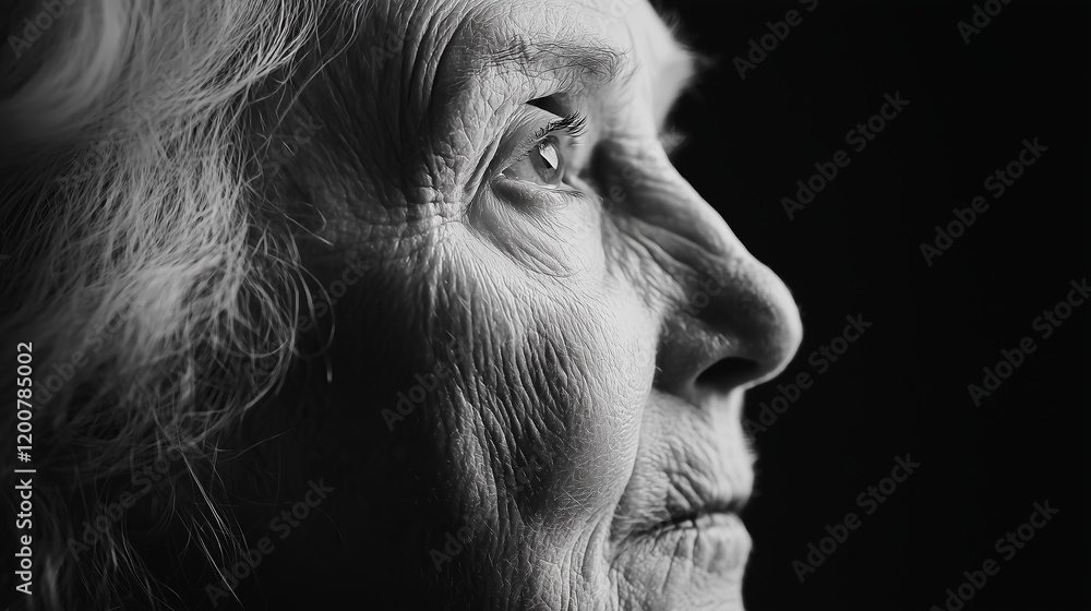 Obraz premium black and white close up portrait of elderly woman with deep wrinkles, gazing thoughtfully into distance, highlighting texture of her skin and wisdom in her eyes