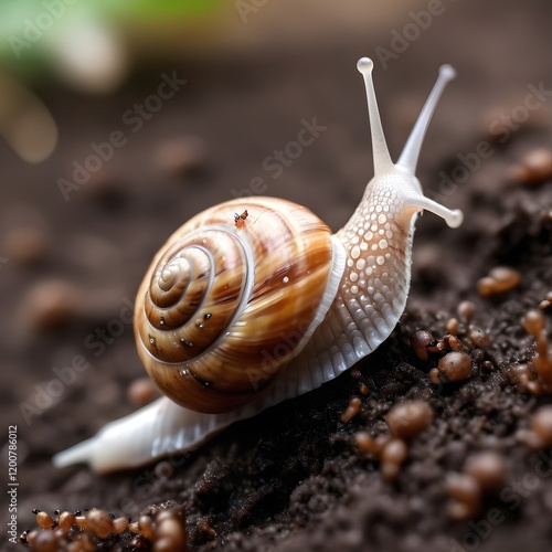 Snail Shell with Tiny Ants, snail shell, macro details, tiny ants, spiraled texture, moist soil, natural close-up, insect interaction, insect, working, lifestyles, discovery, exploration, journey