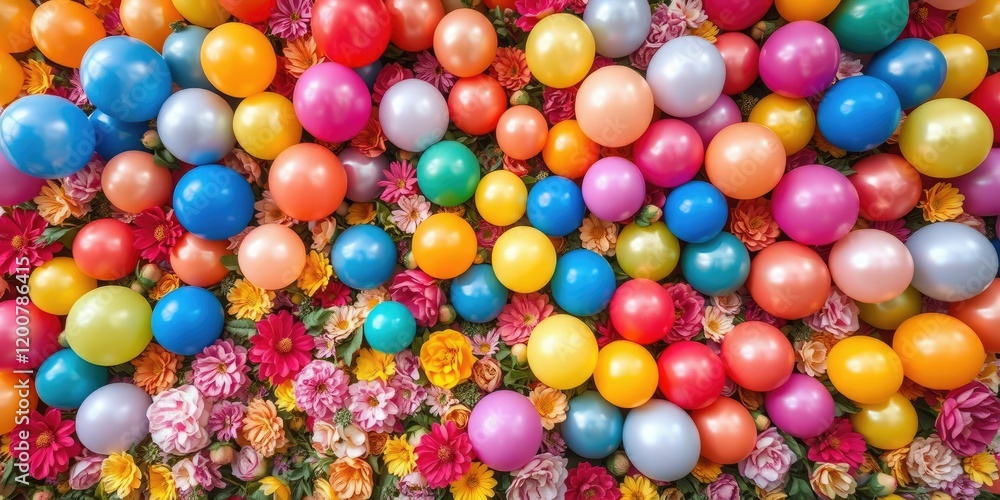 A stunning floral wall with balloons in every color of the rainbow, floral wall, festive atmosphere, vibrant hues A stunning floral wall with balloons in every color of the rainbow, floral wall, festive atmosphere, vibrant hues