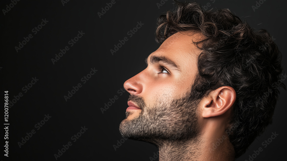 creative studio portrait of man in profile with contemplative expression, set against dark background. image highlights man curly hair and well groomed beard, emphasizing thoughtful mood creative studio portrait of man in profile with contemplative expression, set against dark background. image highlights man curly hair and well groomed beard, emphasizing thoughtful mood