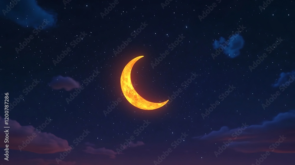 A fiery crescent moon shines bright in a starlit night sky A fiery crescent moon shines bright in a starlit night sky