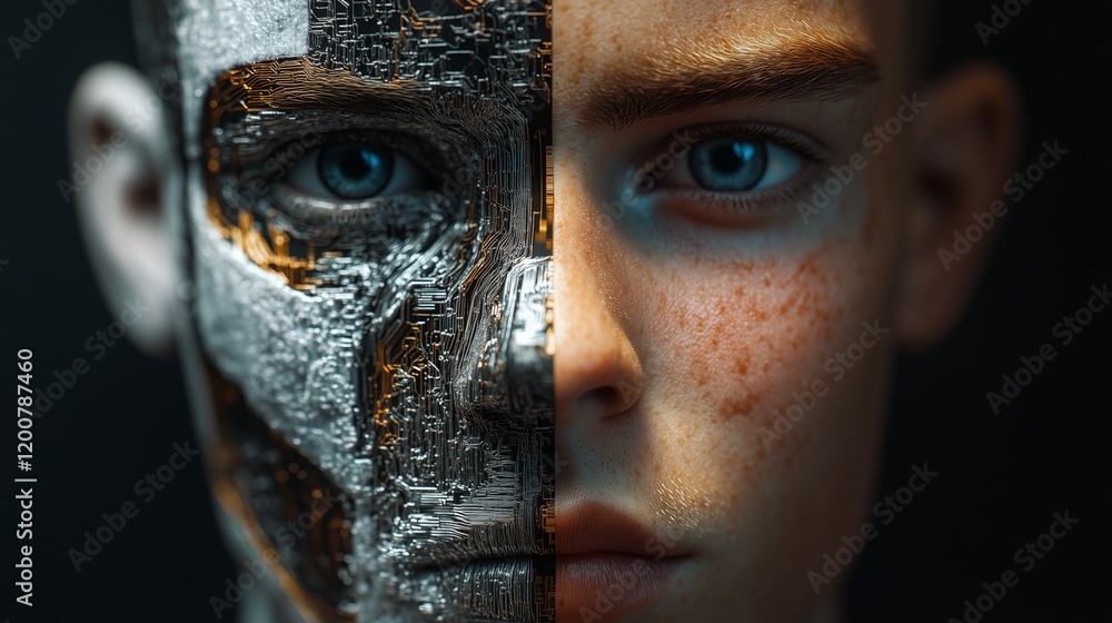 © MdNazim - Artificial Intelligence Concept: Close-Up of a Face Blending Human and Robotic Features