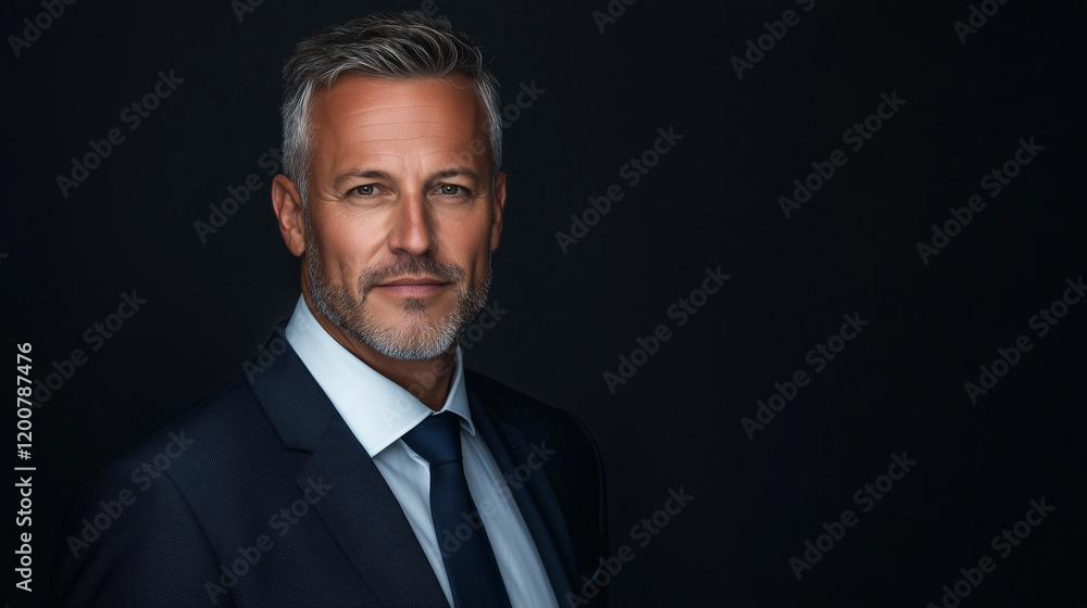 confident man in formal suit poses against dark background, exuding professionalism and authority. His expression is calm and composed, reflecting leadership qualities confident man in formal suit poses against dark background, exuding professionalism and authority. His expression is calm and composed, reflecting leadership qualities