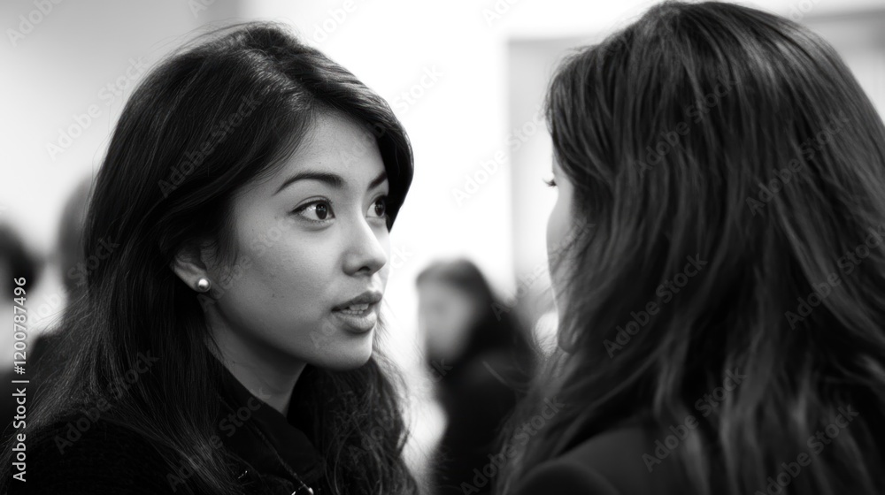 Black and White Portrait of Two Women in Conversation Black and White Portrait of Two Women in Conversation