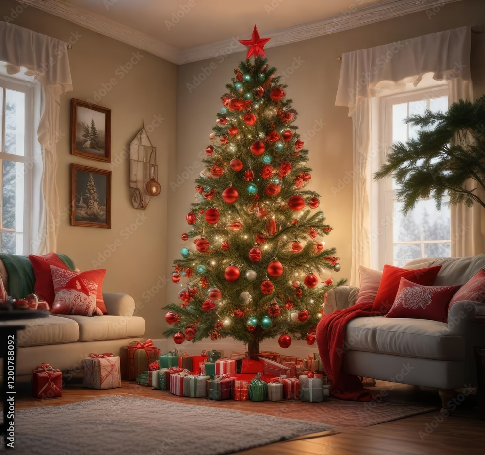 A vibrant red and green Christmas tree is decorated with ornaments and lights in a cozy living room, colorful ornaments, holiday lighting, festive decoration A vibrant red and green Christmas tree is decorated with ornaments and lights in a cozy living room, colorful ornaments, holiday lighting, festive decoration