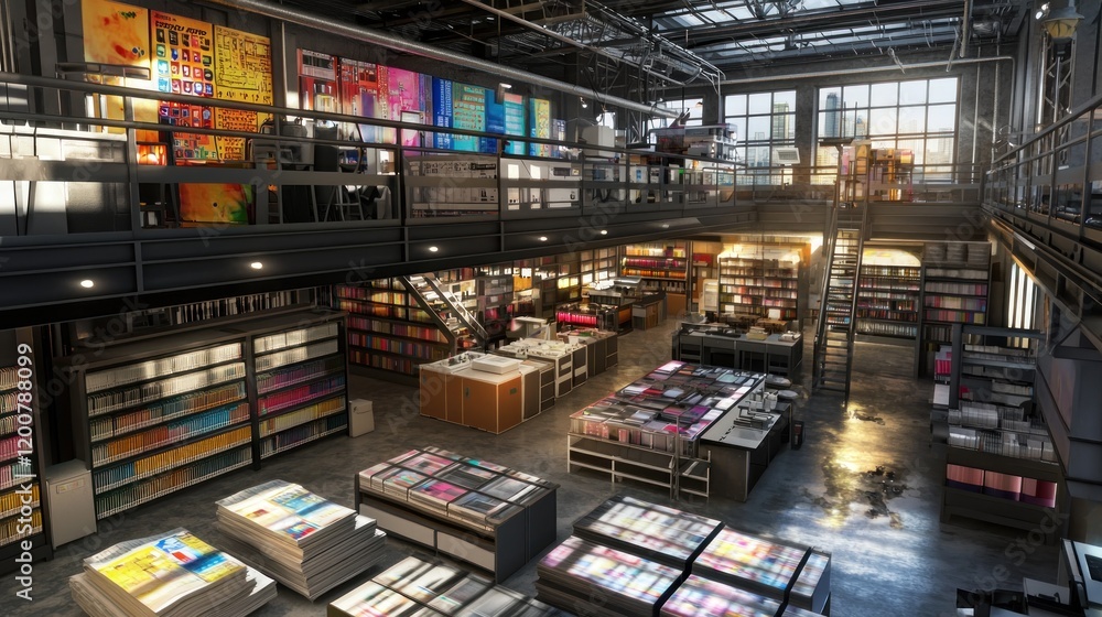 Modern bookstore, city view, shoppers browsing, loft design Modern bookstore, city view, shoppers browsing, loft design