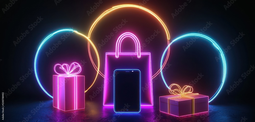 Bright neon designs glowing around shopping items emphasizing tech-driven retail. Bright neon designs glowing around shopping items emphasizing tech-driven retail.