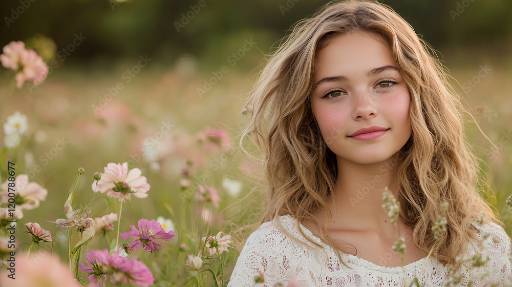 young woman with wavy hair stands in field of wildflowers, wearing white lace top and smiling gently. soft focus background enhances serene and natural atmosphere young woman with wavy hair stands in field of wildflowers, wearing white lace top and smiling gently. soft focus background enhances serene and natural atmosphere
