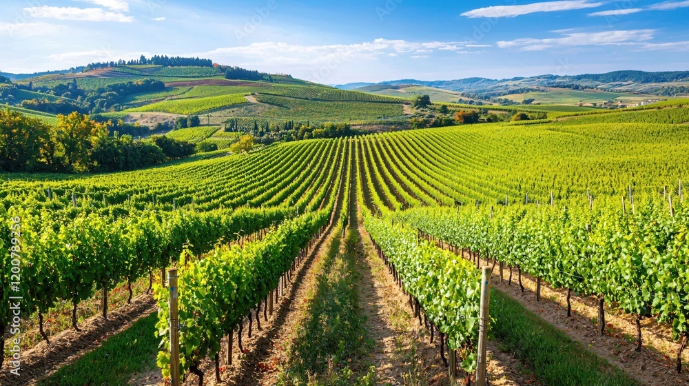 Sunlit Vineyard Rows in Rolling Hills Tuscan Landscape Sunlit Vineyard Rows in Rolling Hills Tuscan Landscape