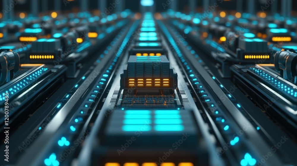Futuristic Data Center: High-Tech Server Array with Glowing Lights Futuristic Data Center: High-Tech Server Array with Glowing Lights