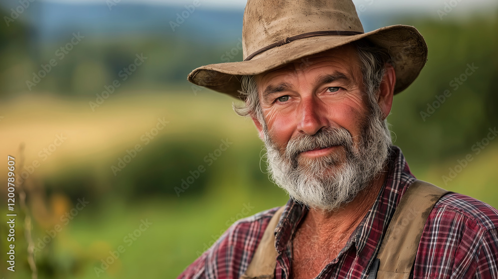 farmer with weathered hat and beard stands in lush field, exuding sense of pride and connection to land. background is blurred landscape of greenery and distant hills farmer with weathered hat and beard stands in lush field, exuding sense of pride and connection to land. background is blurred landscape of greenery and distant hills