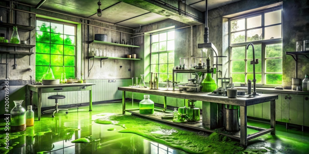 Fototapeta premium Abandoned green slime covered laboratory equipment in an isolated environment, laboratory equipment, abandoned science