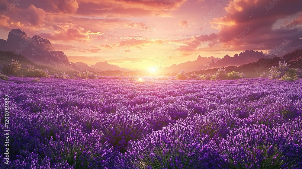 Obraz premium Sunset Lavender Field in Mountains