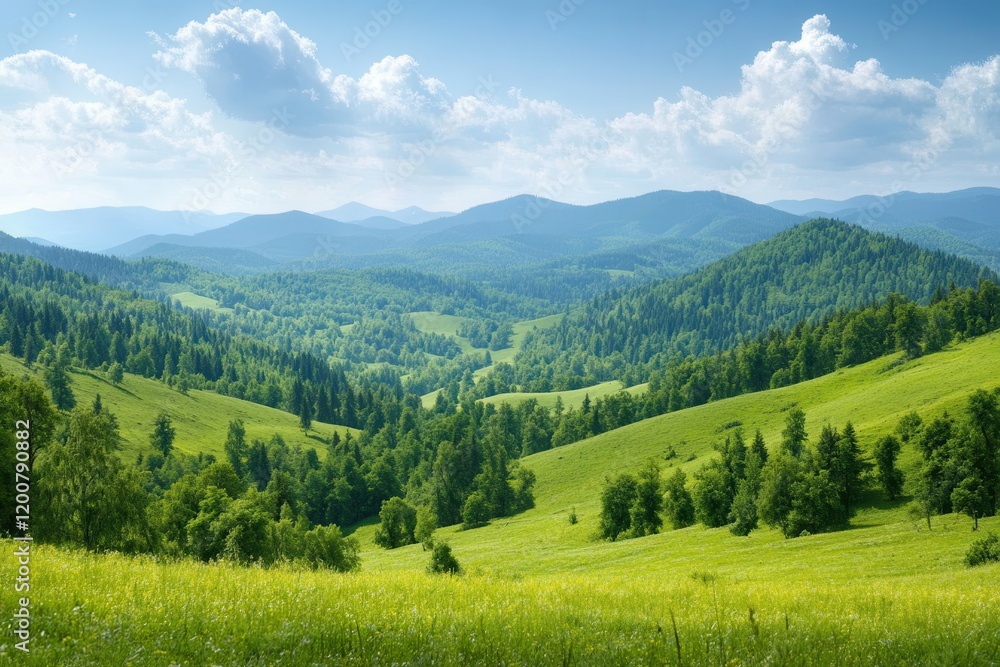 Green mountain valley landscape, sunny day, scenic view, travel poster Green mountain valley landscape, sunny day, scenic view, travel poster