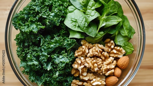 Leafy green salad with kale, spinach, and walnuts, nutrientdense meal, brain health focus photo