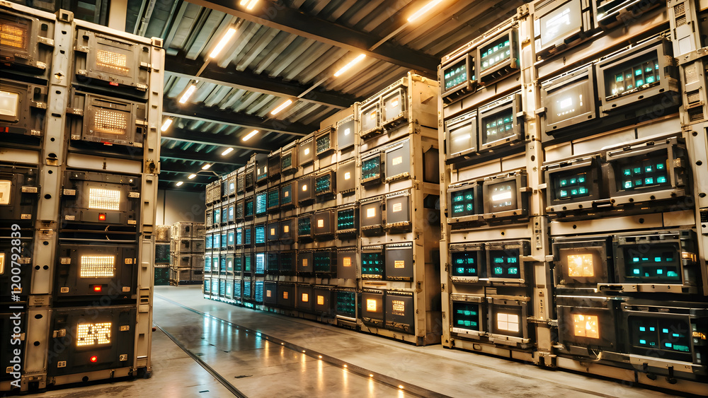 Cyberpunk Port Warehouse with Electronic Panels and Blinking Lights. Perfect for: Cyberpunk theme, Warehouse, Futuristic city Cyberpunk Port Warehouse with Electronic Panels and Blinking Lights. Perfect for: Cyberpunk theme, Warehouse, Futuristic city
