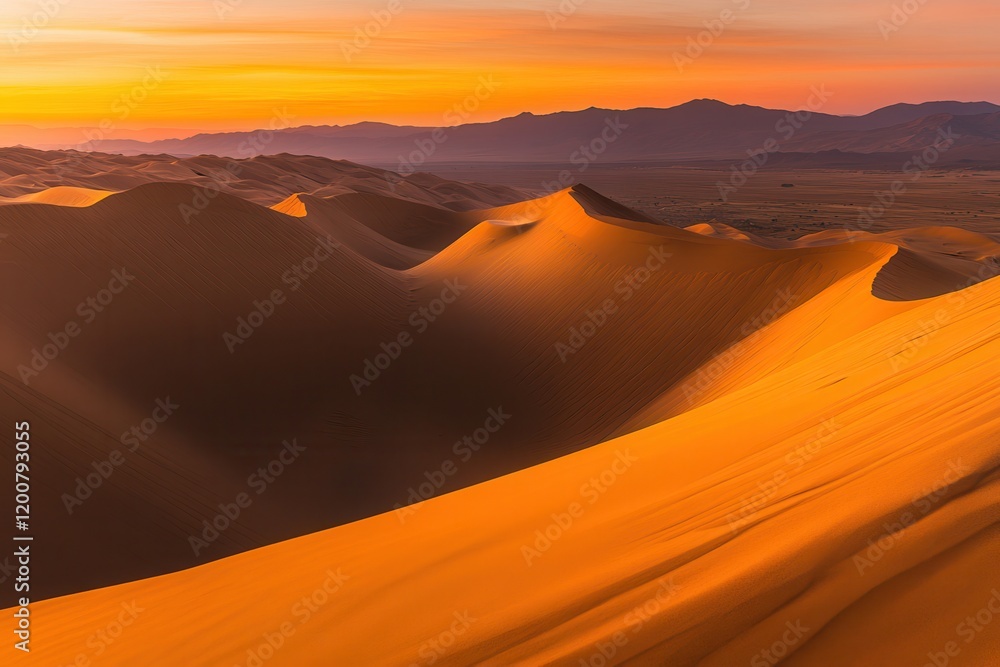 Sunrise over desert dunes, mountains background, landscape photography Sunrise over desert dunes, mountains background, landscape photography