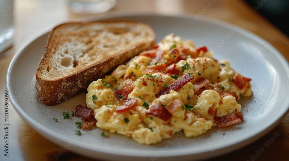 Scrambled eggs with bacon and toast on a plate. (1) Scrambled eggs with bacon and toast on a plate. (1)