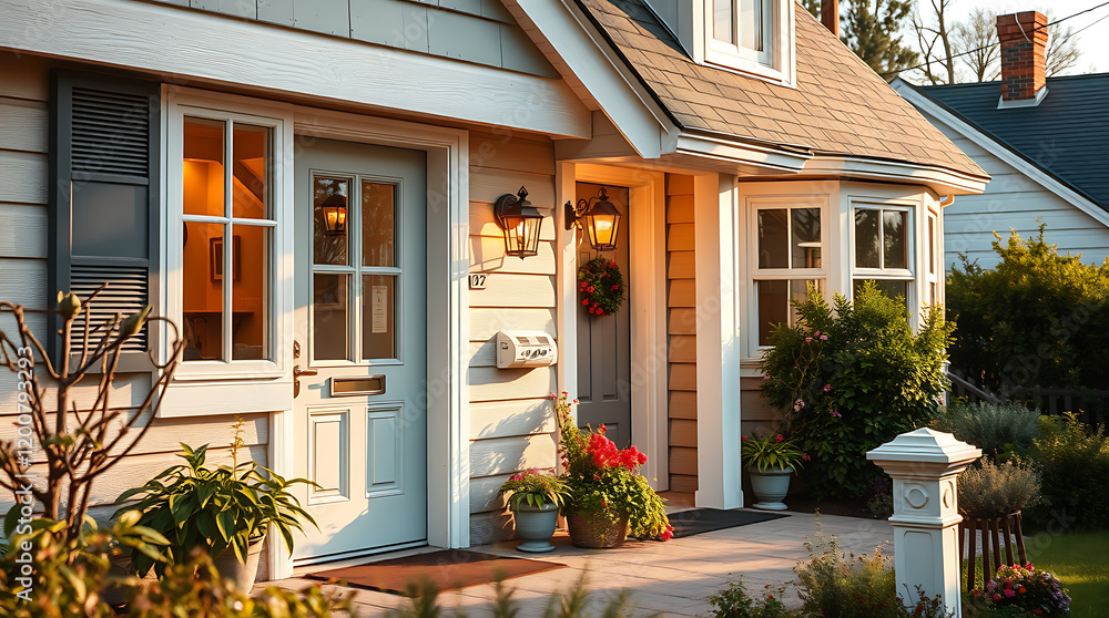 Fototapeta premium Charming House Exterior at Sunset: Dream Home, Real Estate, Residential Architecture